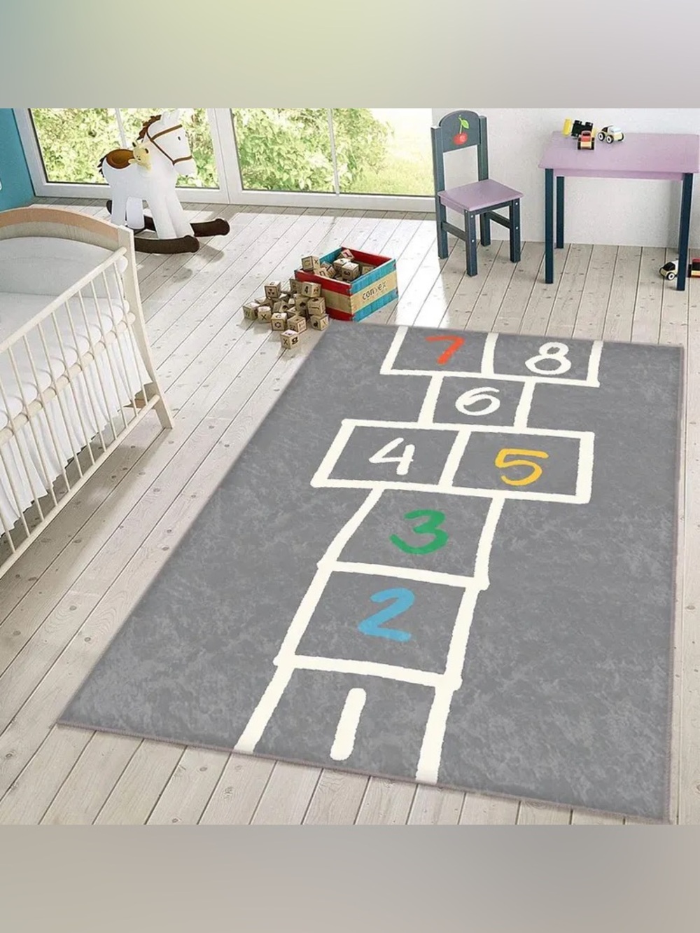 Kids Gray Hopscotch Play Rug with Colorful Numbers